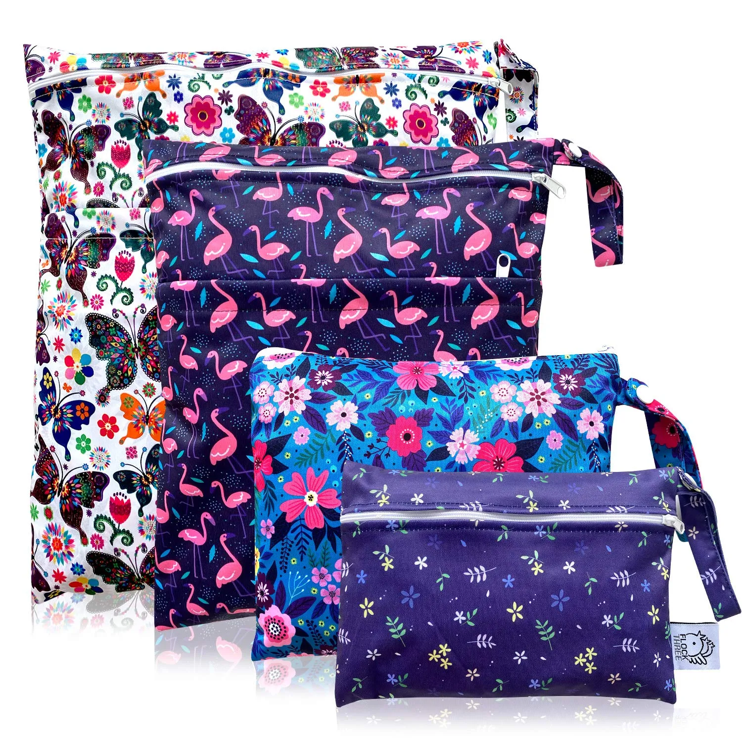 FLOCK THREE 4pcs Waterproof Wet Bag Reusable for Wet Clothes Baby Diapers Stroller Swimsuit Travel Reusable toiletries Pouch Small and Larger Electronics case 4 Pack (Flower Fantasy)