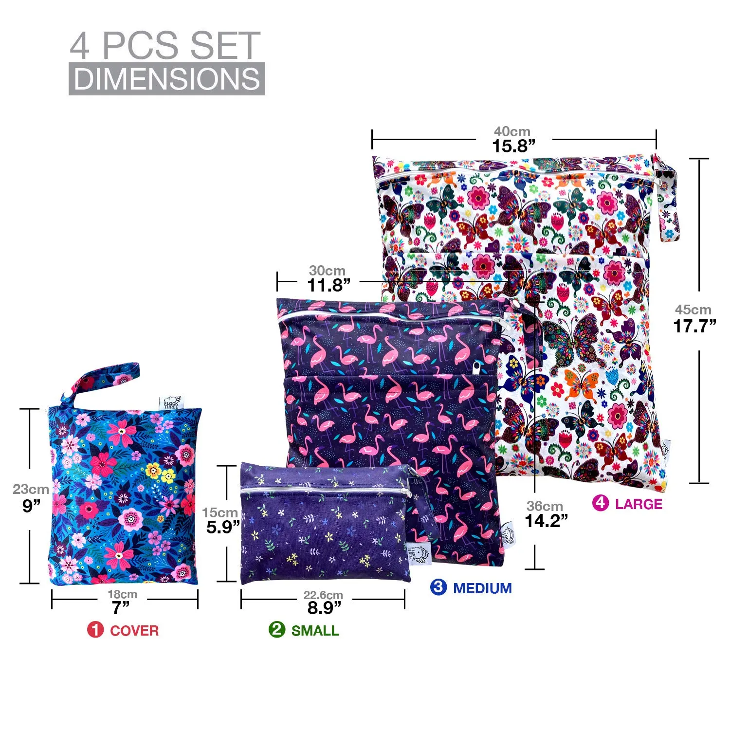 FLOCK THREE 4pcs Waterproof Wet Bag Reusable for Wet Clothes Baby Diapers Stroller Swimsuit Travel Reusable toiletries Pouch Small and Larger Electronics case 4 Pack (Flower Fantasy)