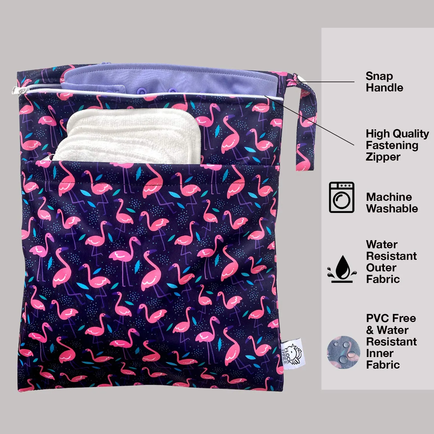 FLOCK THREE 4pcs Waterproof Wet Bag Reusable for Wet Clothes Baby Diapers Stroller Swimsuit Travel Reusable toiletries Pouch Small and Larger Electronics case 4 Pack (Flower Fantasy)