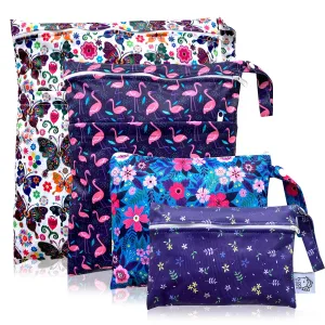 FLOCK THREE 4pcs Waterproof Wet Bag Reusable for Wet Clothes Baby Diapers Stroller Swimsuit Travel Reusable toiletries Pouch Small and Larger Electronics case 4 Pack (Flower Fantasy)