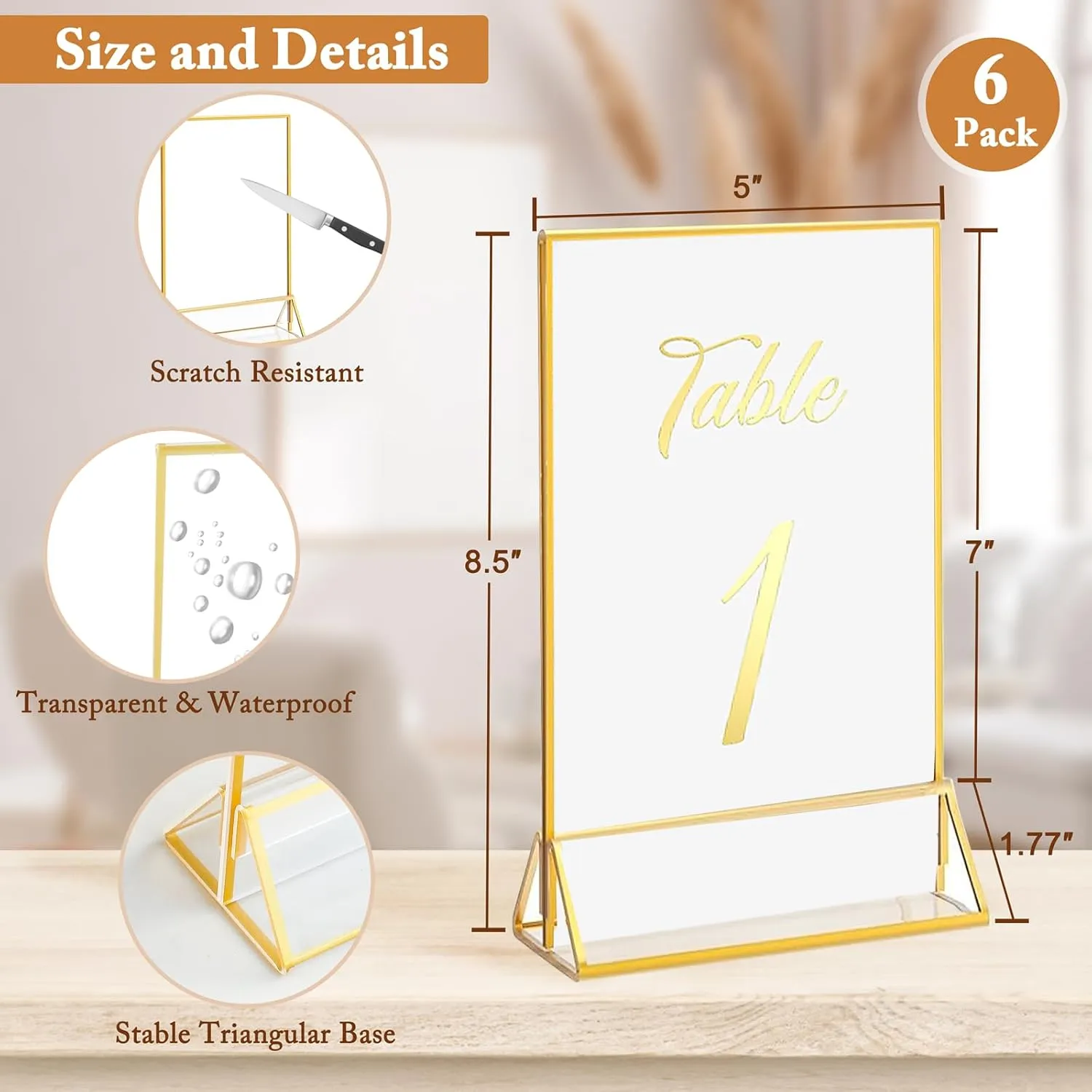Floroom 6 Pack 5x7 Inch Clear Acrylic Sign Holders, Double-Sided Gold Display Stand Picture Frames for Table Numbers, Menus, Flyers, Weddings, and Offices