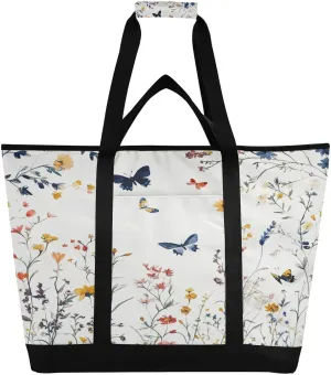 Flower Butterflu Reusable Insulated Lunchbox Cooler Bag, Leakproof Kitchen Grocery Bag Collapsible Portable Cooler Tote Bag for Picnic, Camping, Office, Travel