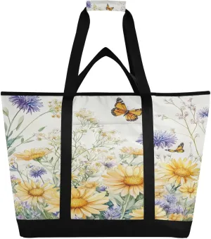 Flower Butterfly Reusable Insulated Lunchbox Cooler Bag, Leakproof Kitchen Grocery Bag Collapsible Portable Cooler Tote Bag for Picnic, Camping, Office, Travel