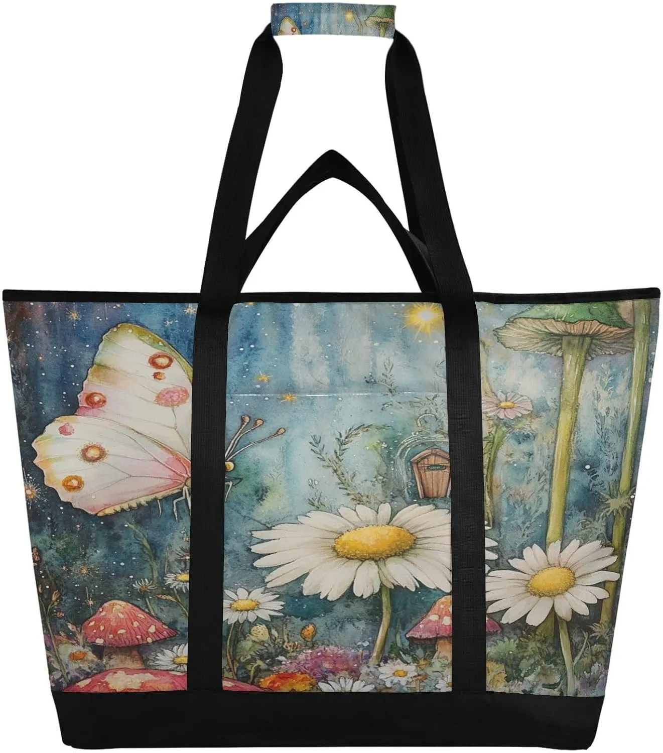 Flower Butterfly Reusable Insulated Lunchbox Cooler Bag, Leakproof Kitchen Grocery Bag Collapsible Portable Cooler Tote Bag for Picnic, Camping, Office, Travel