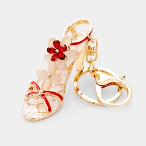 Flower Crystal Rhinestone High Heel Shoe Key Chain (Gold)