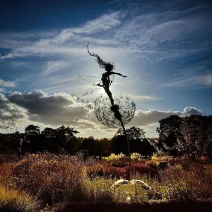 Flower Fairy Elf Dancing with Dandelion Sculpture, Angel Metal Craft Steel Wire Home Decoration, Garden Figures Room Decoration with Standing Pole (Color : Dandelion G)