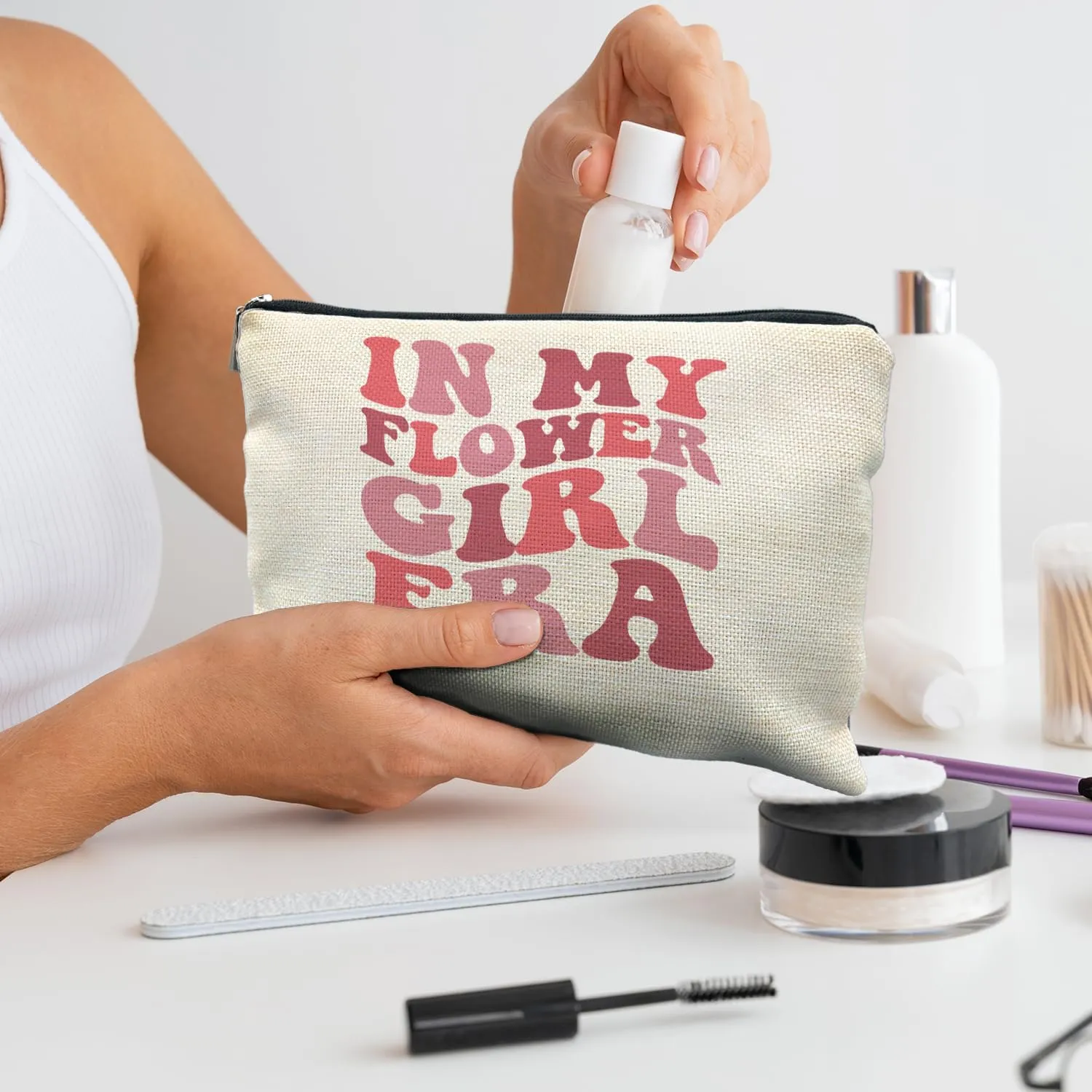 Flower Girl Gifts from Bride, Aesthetic Makeup Bag for Flower Girl, Bridesmaid Gift, Bridal Party Bachelorette Party Favor Bags, Groovy in My Flower Girl Era Cosmetic Bags for Women