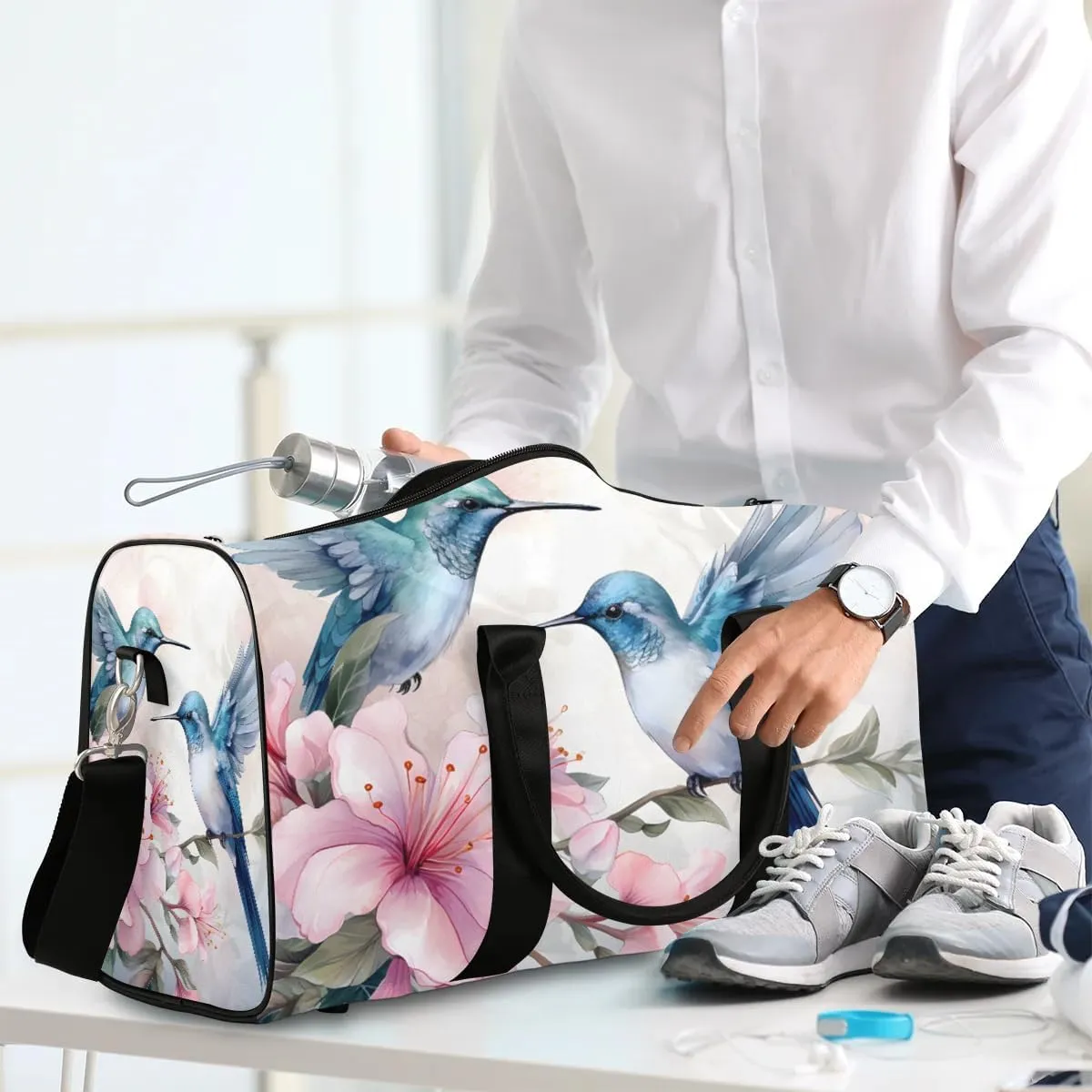 Flower Hummingbird Travel Duffel Bag for Women Men Waterproof Foldable Overnight Weekender Bag Large Capacity Sports Gym Bag