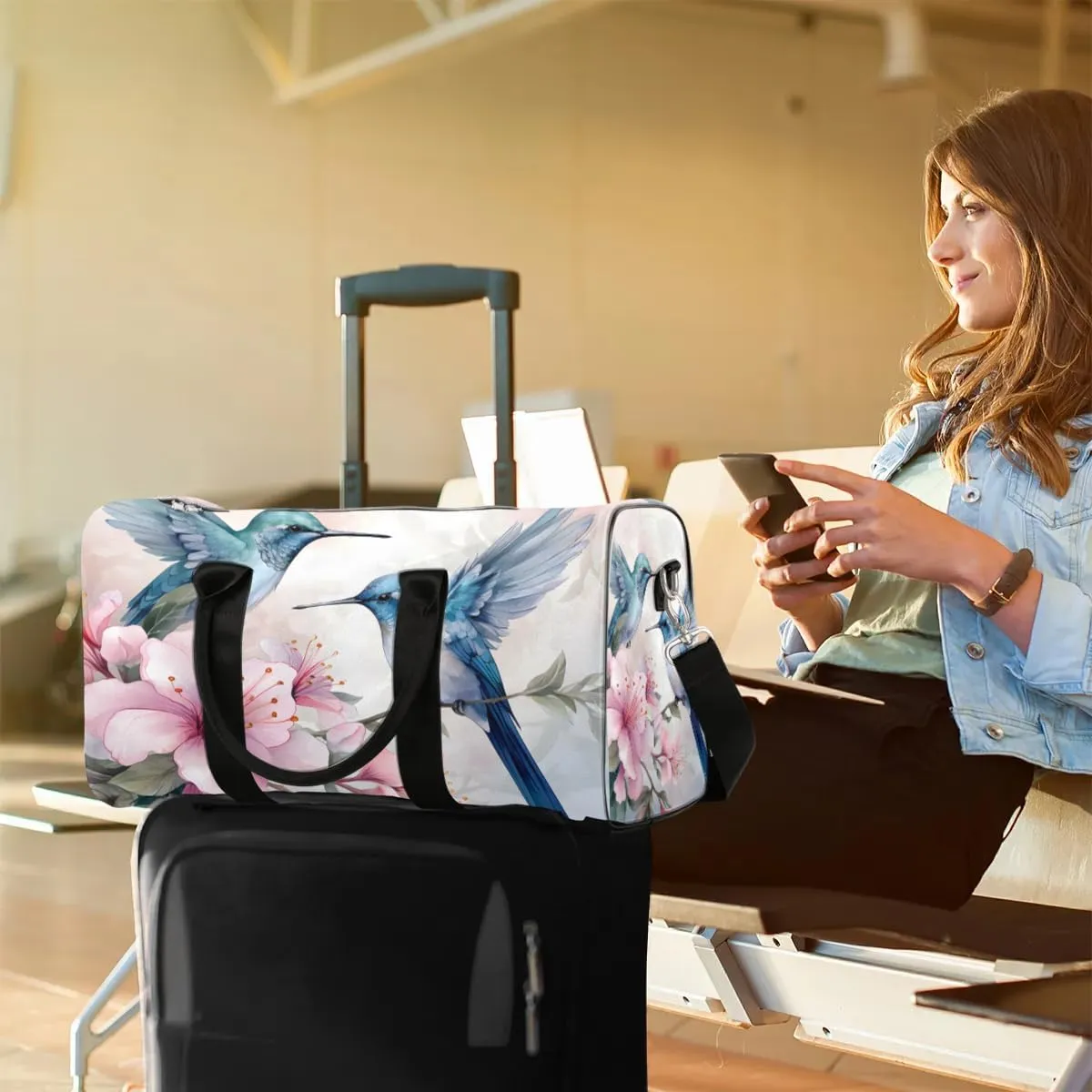 Flower Hummingbird Travel Duffel Bag for Women Men Waterproof Foldable Overnight Weekender Bag Large Capacity Sports Gym Bag