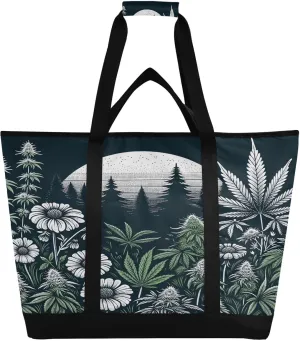 Flower Leaves Reusable Insulated Lunchbox Cooler Bag, Leakproof Kitchen Grocery Bag Collapsible Portable Cooler Tote Bag for Picnic, Camping, Office, Travel