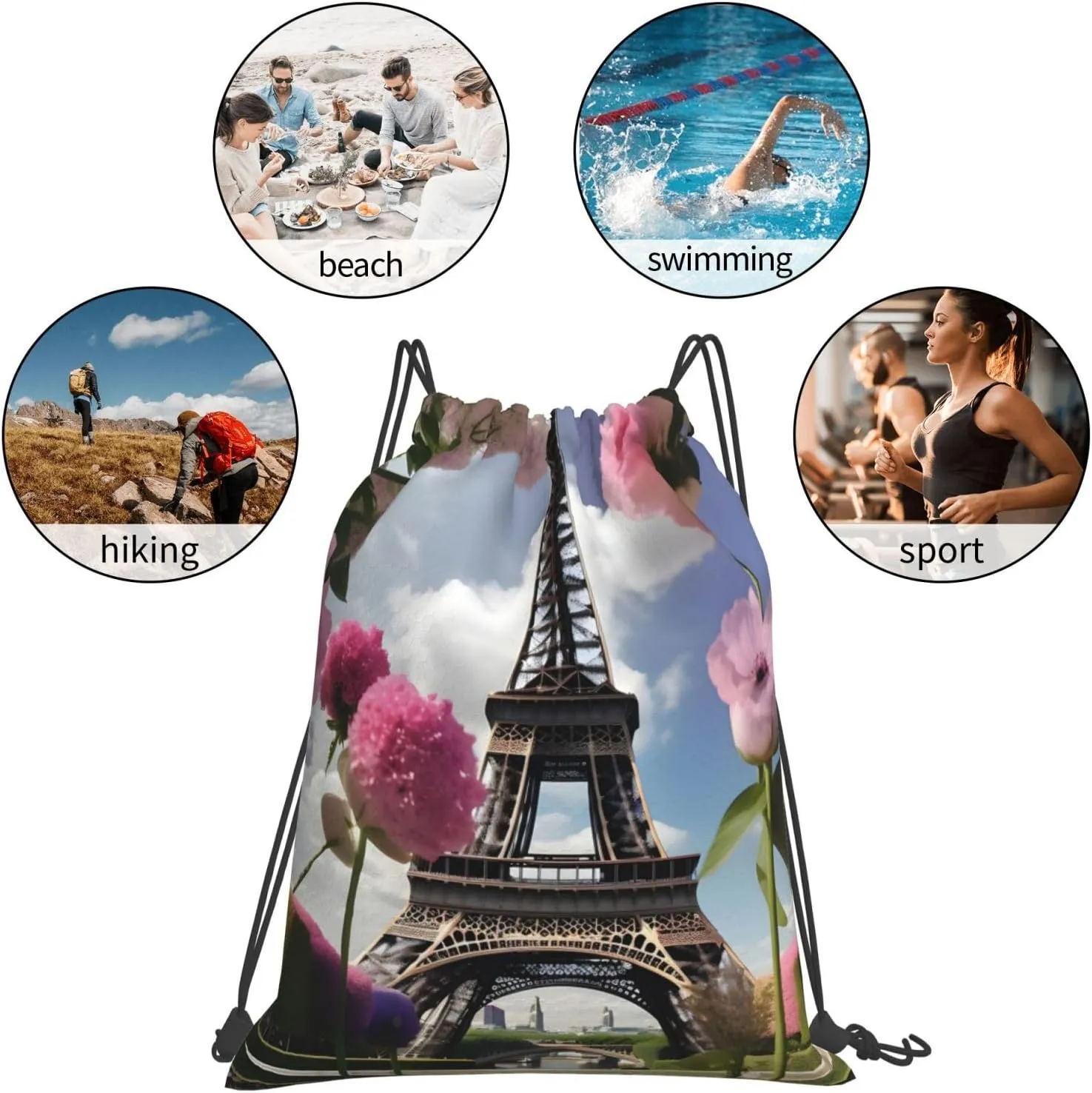 Flower Paris Eiffel Towers Print Sports Drawstring Backpack,Water Resistant Bag, Gym Backpack for Women Men