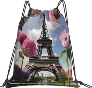Flower Paris Eiffel Towers Print Sports Drawstring Backpack,Water Resistant Bag, Gym Backpack for Women Men