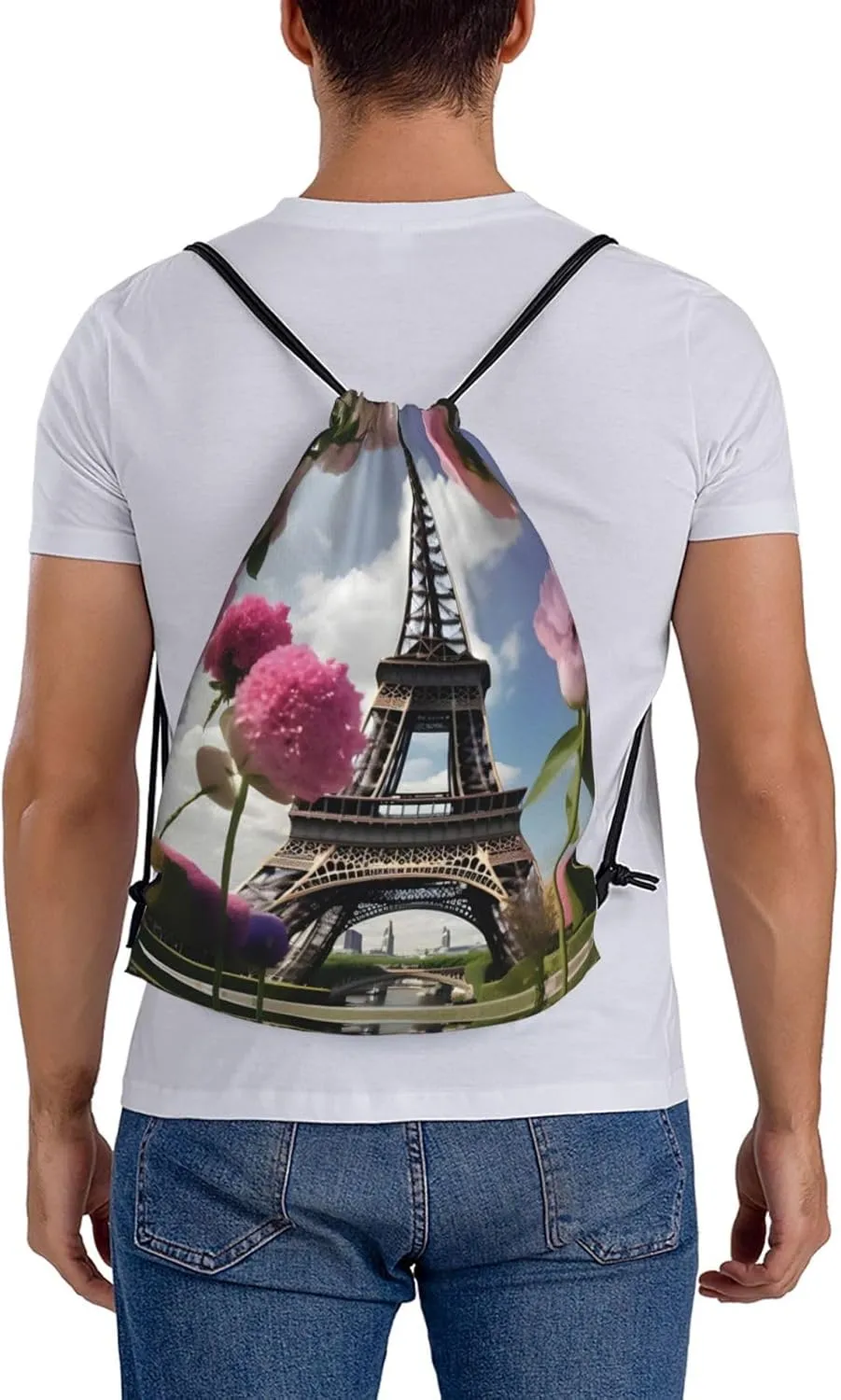 Flower Paris Eiffel Towers Print Sports Drawstring Backpack,Water Resistant Bag, Gym Backpack for Women Men