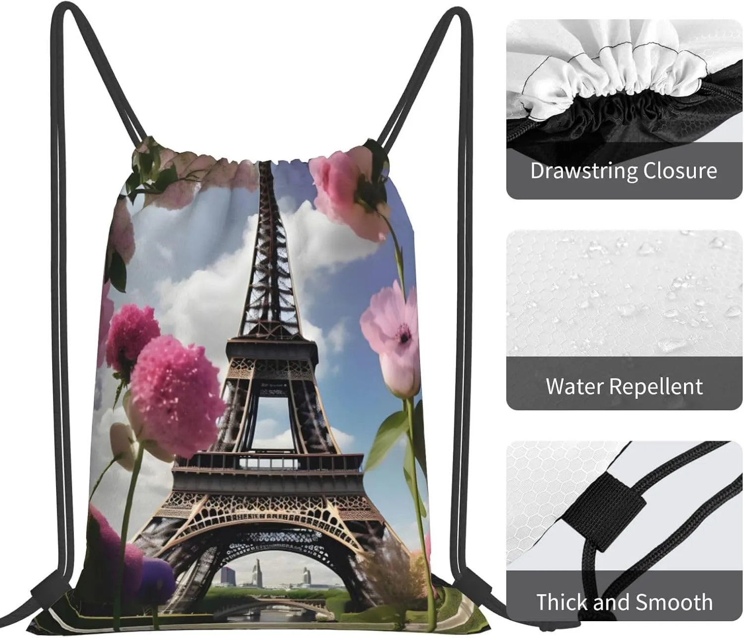 Flower Paris Eiffel Towers Print Sports Drawstring Backpack,Water Resistant Bag, Gym Backpack for Women Men
