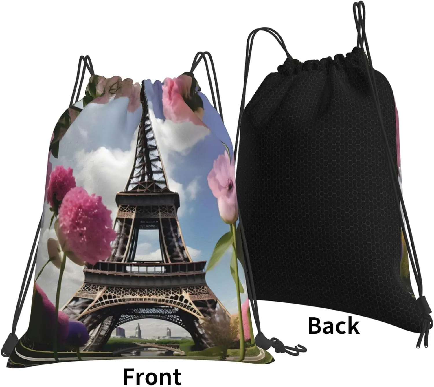 Flower Paris Eiffel Towers Print Sports Drawstring Backpack,Water Resistant Bag, Gym Backpack for Women Men