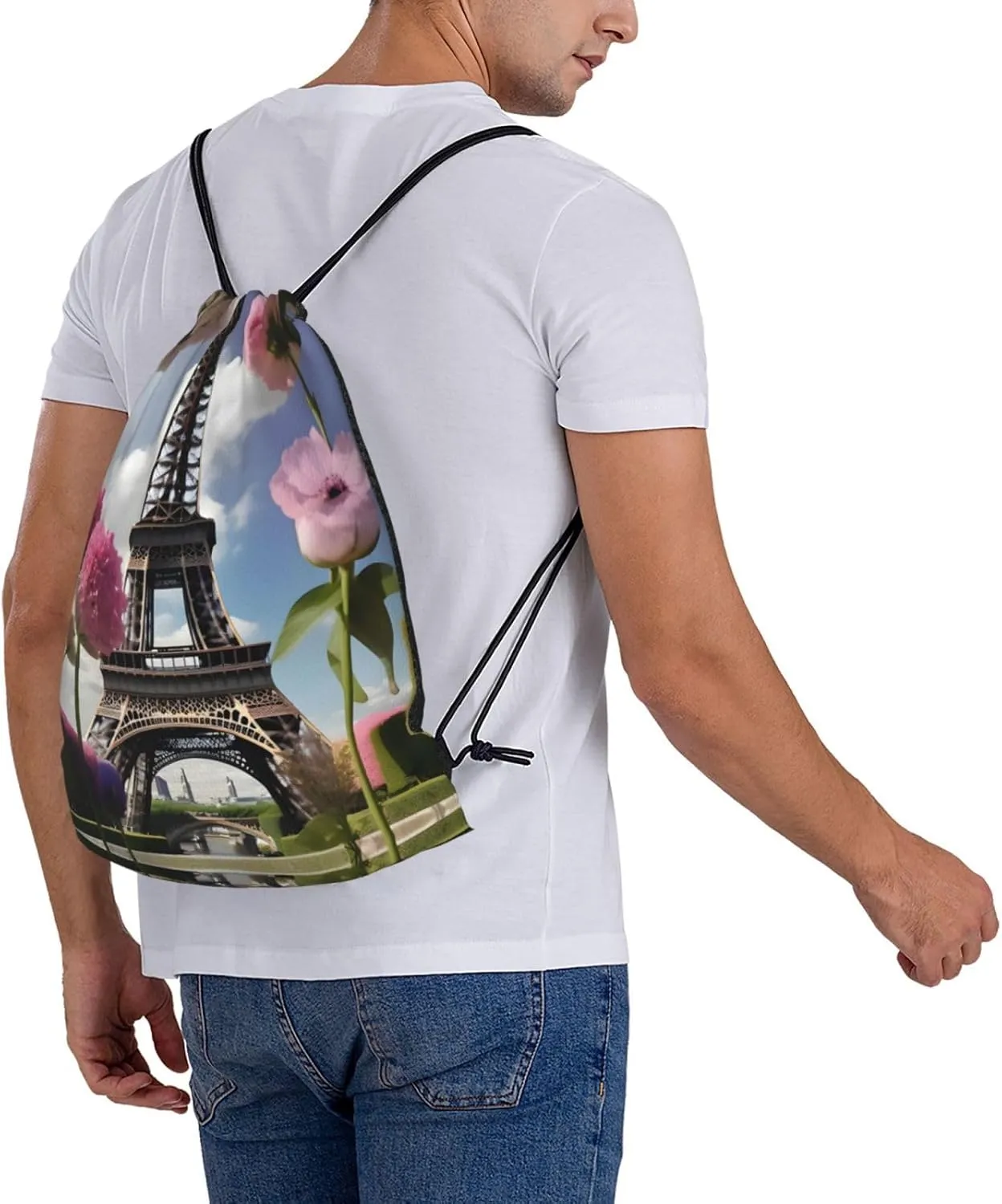 Flower Paris Eiffel Towers Print Sports Drawstring Backpack,Water Resistant Bag, Gym Backpack for Women Men
