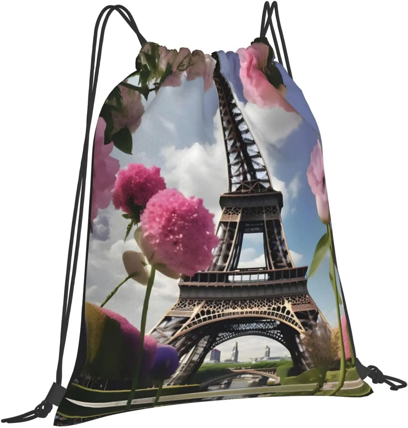 Flower Paris Eiffel Towers Print Sports Drawstring Backpack,Water Resistant Bag, Gym Backpack for Women Men