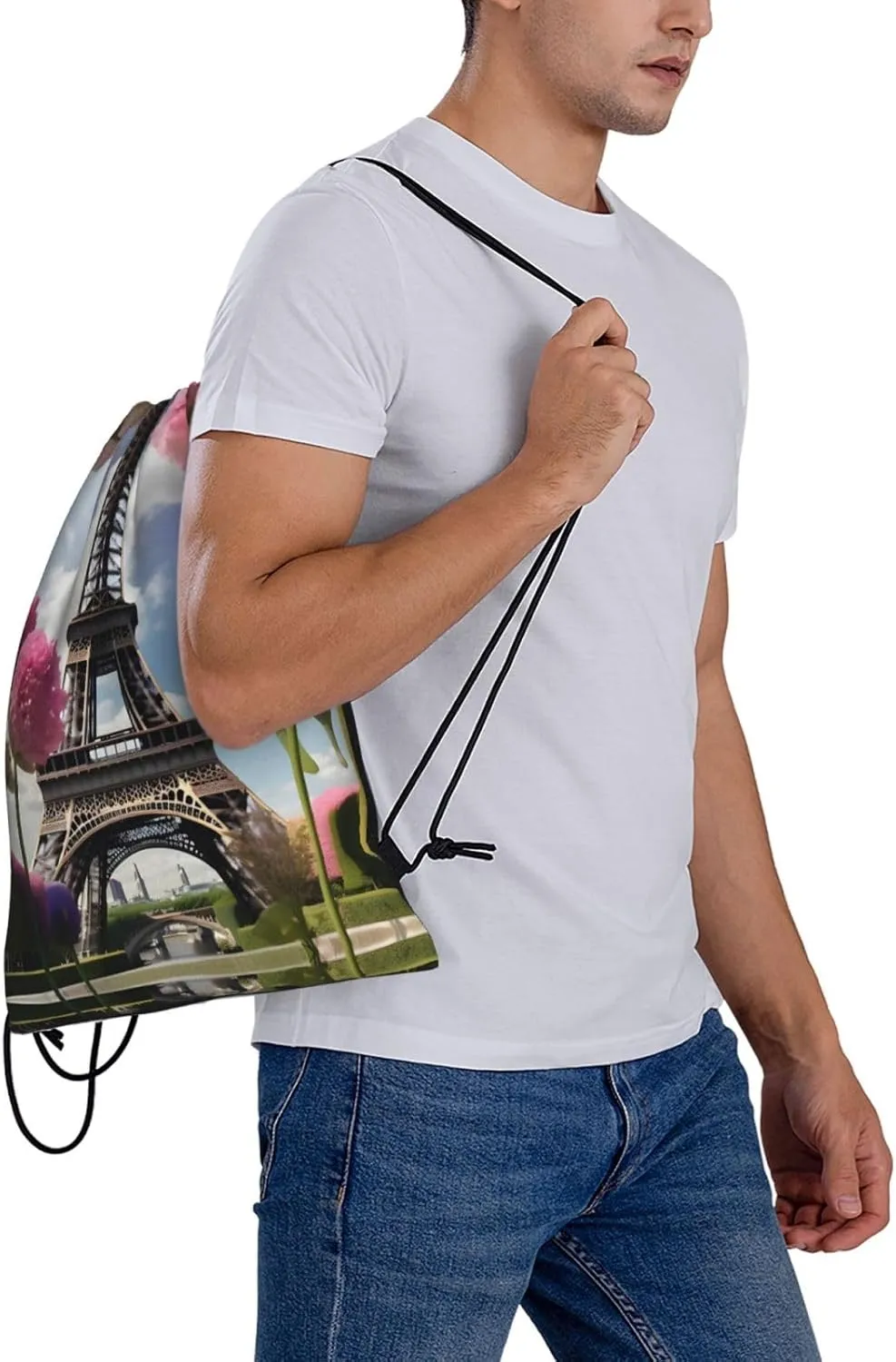 Flower Paris Eiffel Towers Print Sports Drawstring Backpack,Water Resistant Bag, Gym Backpack for Women Men
