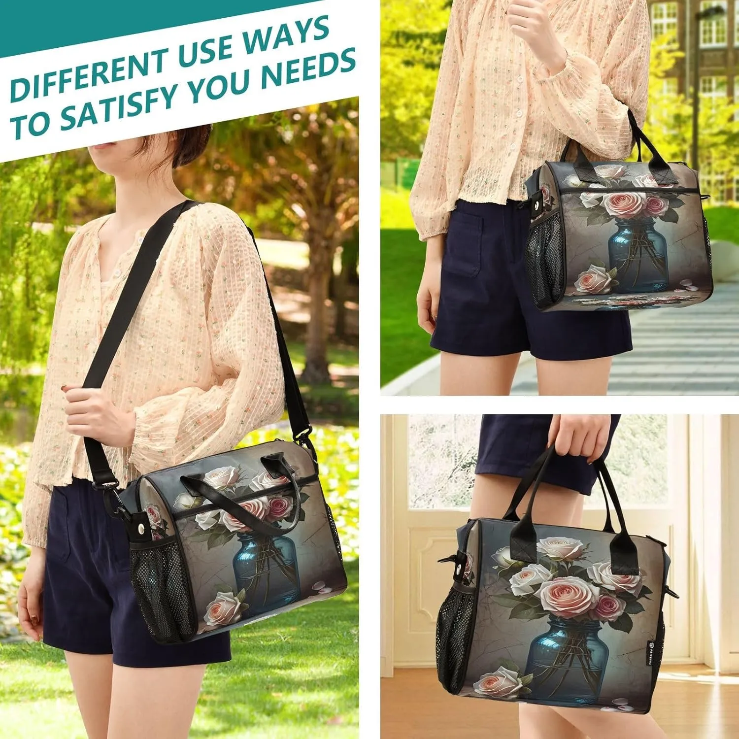 Flowers Bouquet Vase Beige Lunch Bag for Women Insulated Cooler Cooling Tote with Adjustable Shoulder Strap for Office Hiking S