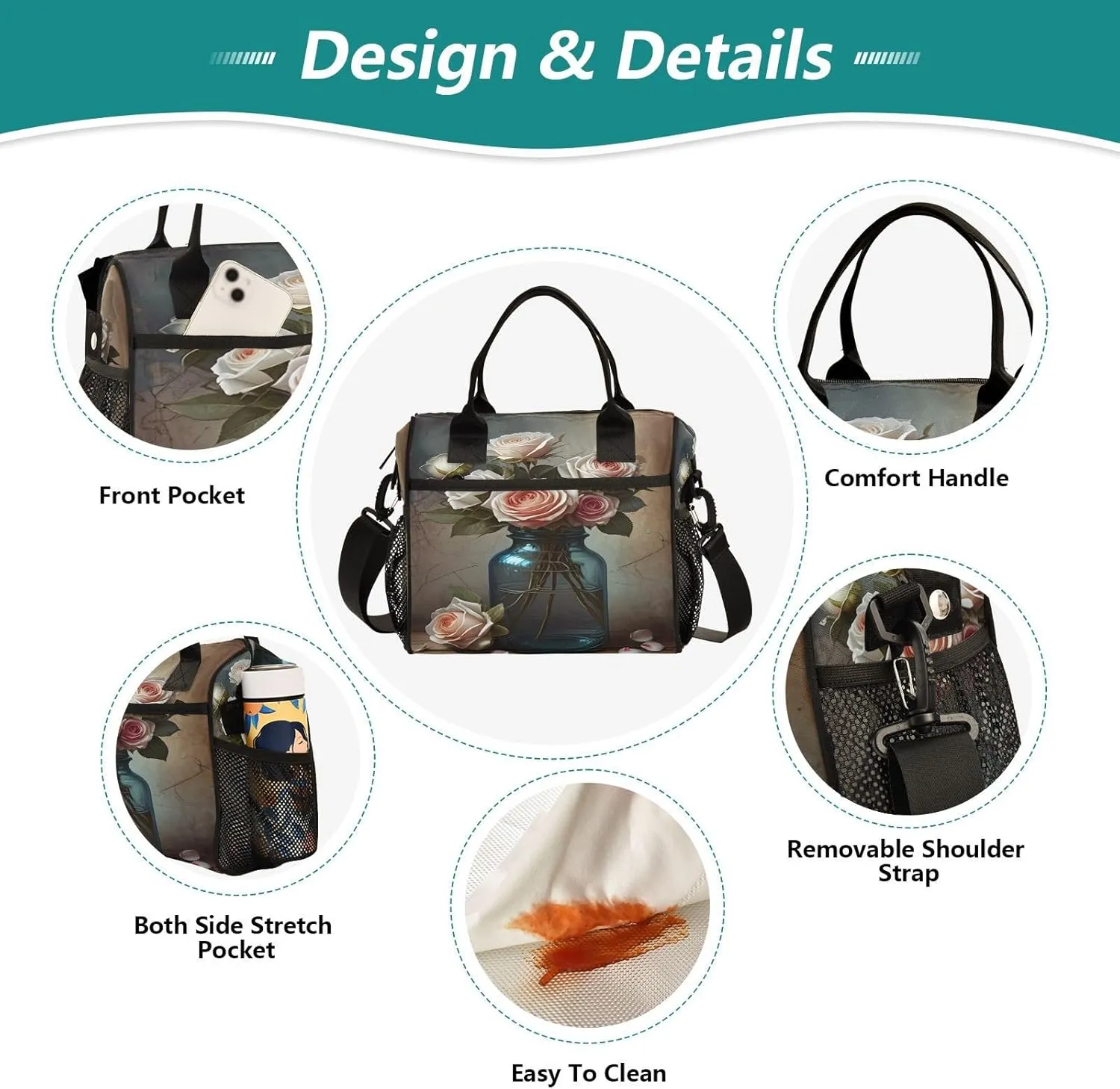 Flowers Bouquet Vase Beige Lunch Bag for Women Insulated Cooler Cooling Tote with Adjustable Shoulder Strap for Office Hiking S