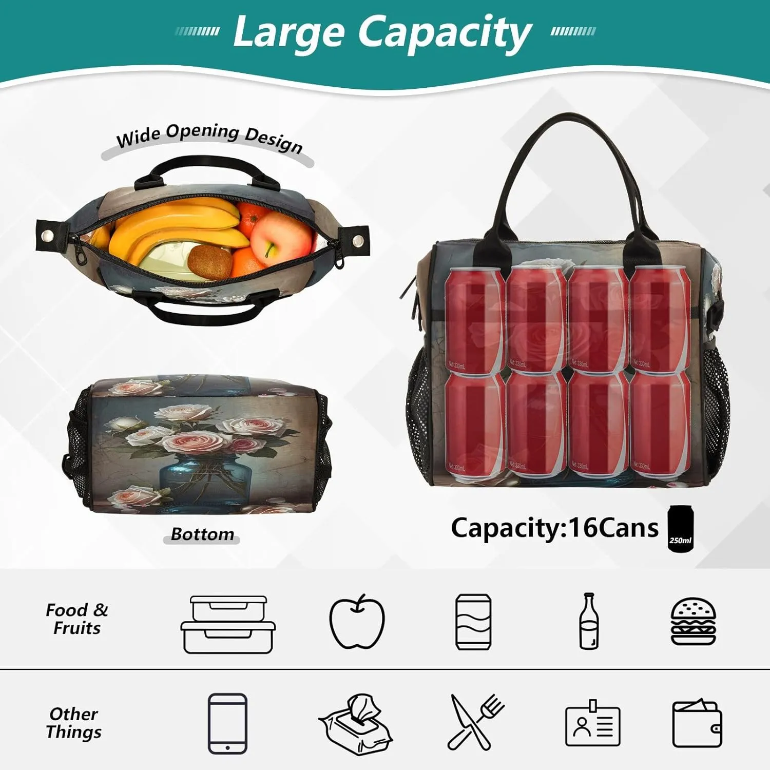 Flowers Bouquet Vase Beige Lunch Bag for Women Insulated Cooler Cooling Tote with Adjustable Shoulder Strap for Office Hiking S
