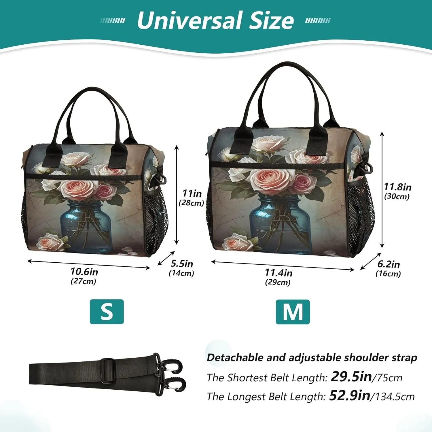 Flowers Bouquet Vase Beige Lunch Bag for Women Insulated Cooler Cooling Tote with Adjustable Shoulder Strap for Office Hiking S