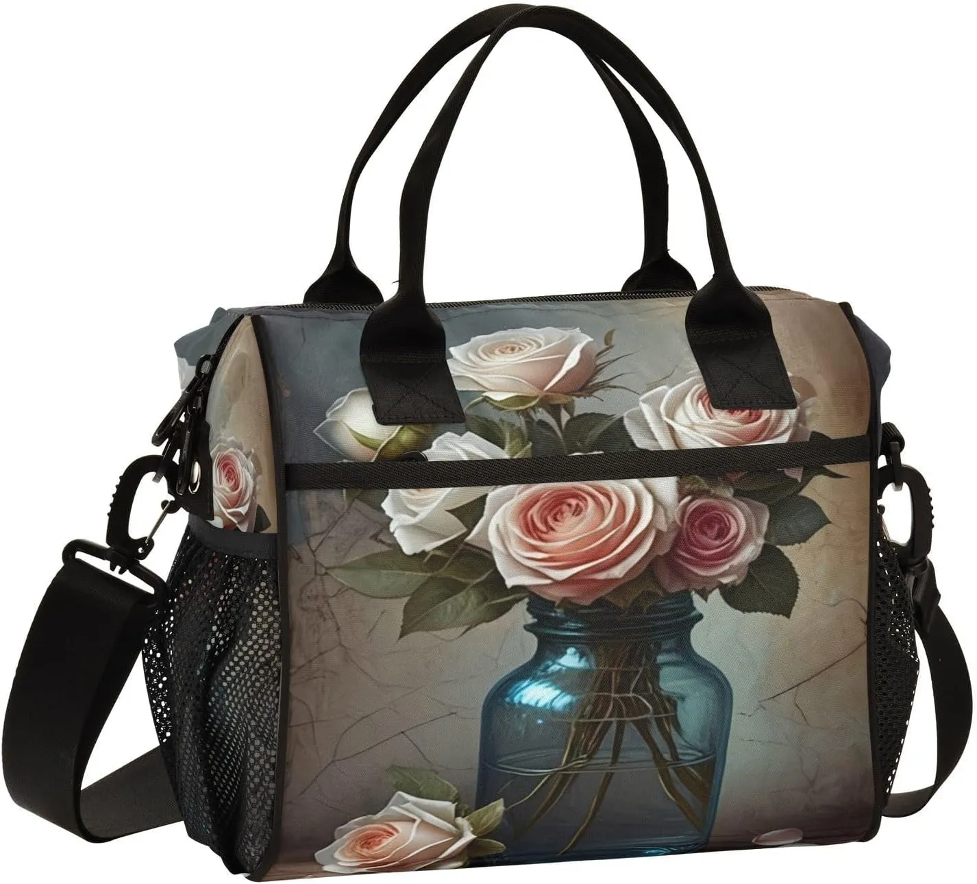 Flowers Bouquet Vase Beige Lunch Bag for Women Insulated Cooler Cooling Tote with Adjustable Shoulder Strap for Office Hiking S