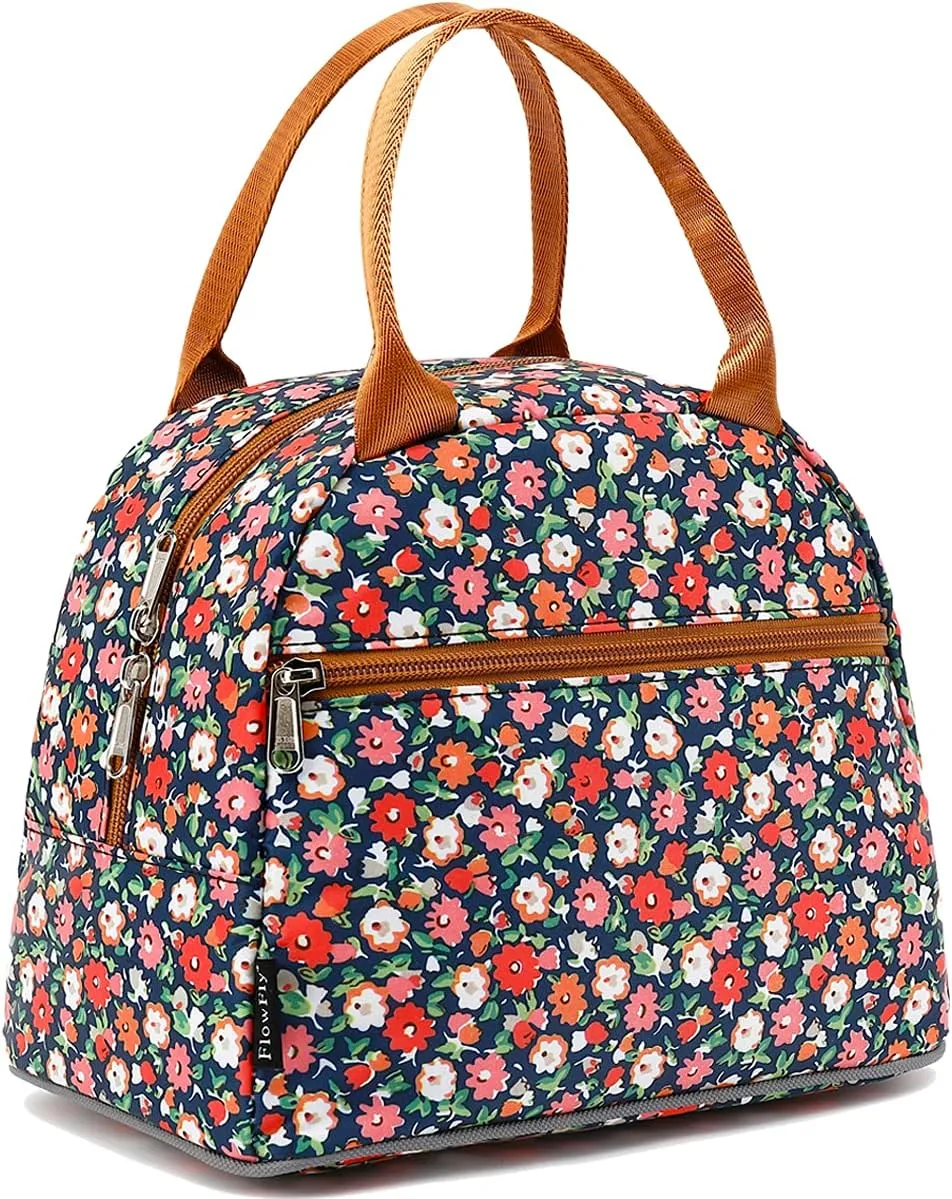 FlowFly Insulated Lunch Bag for Women, Men, and Kids, Large and Reusable, Handle, Freezable Work and School Travel Tote and Meal Prep Organizer, Waterproof Polyester,Floral