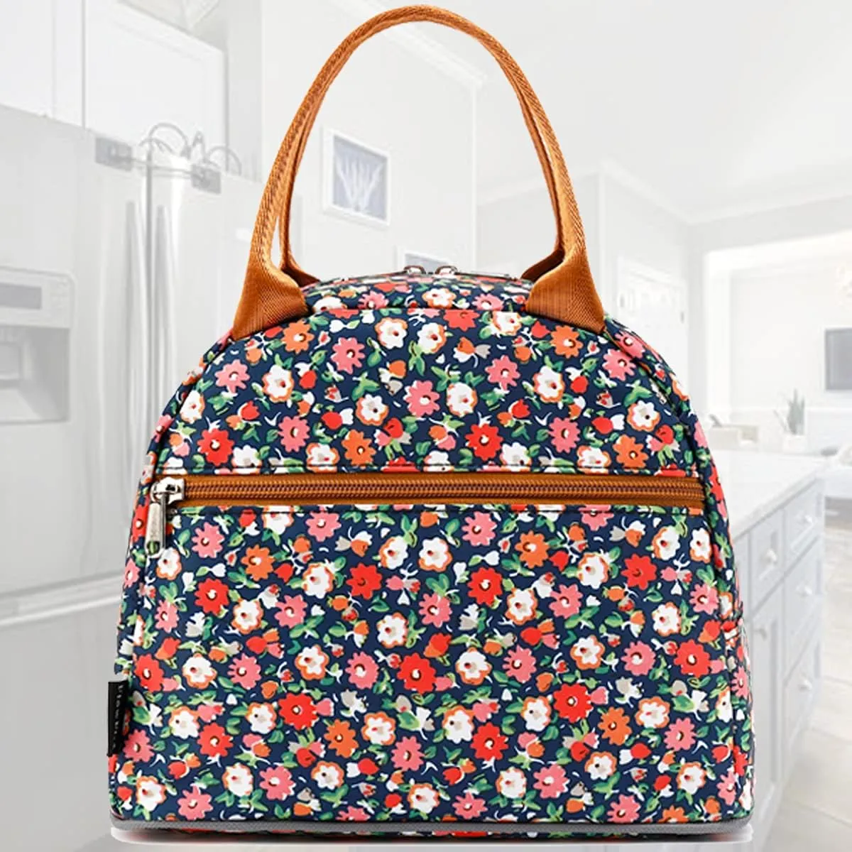 FlowFly Insulated Lunch Bag for Women, Men, and Kids, Large and Reusable, Handle, Freezable Work and School Travel Tote and Meal Prep Organizer, Waterproof Polyester,Floral