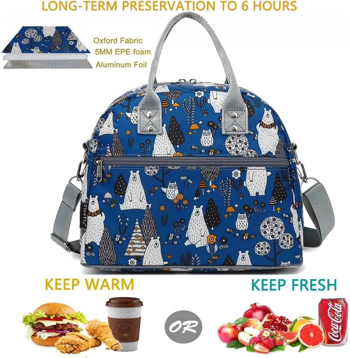 FlowFly Insulated Lunch Bag With Shoulder Strap for Women, Men, and Kids, Large and Reusable, Handle, Freezable Work and School Travel Tote and Meal Prep Organizer,Owl