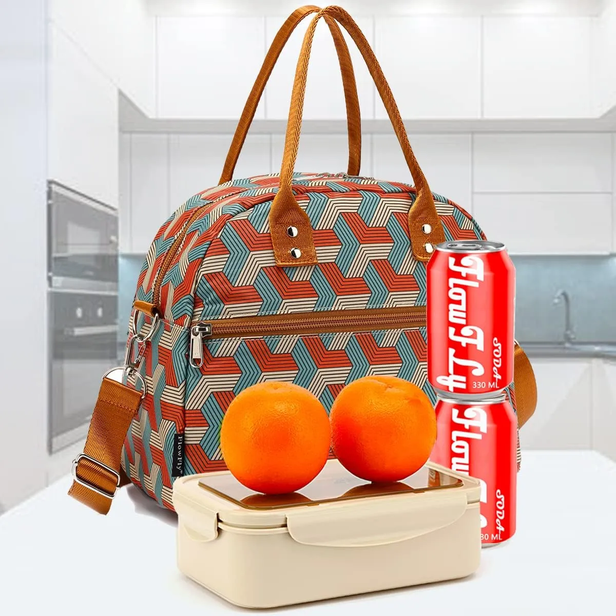 FlowFly Insulated Lunch Bag With Shoulder Strap for Women, Men, and Kids, Large and Reusable, Handle, Freezable Work and School Travel Tote and Meal Prep Organizer,Stereoscopic Red