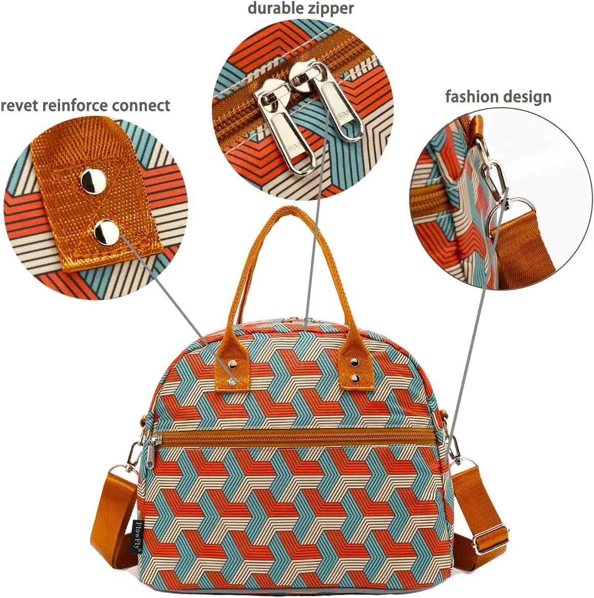 FlowFly Insulated Lunch Bag With Shoulder Strap for Women, Men, and Kids, Large and Reusable, Handle, Freezable Work and School Travel Tote and Meal Prep Organizer,Stereoscopic Red