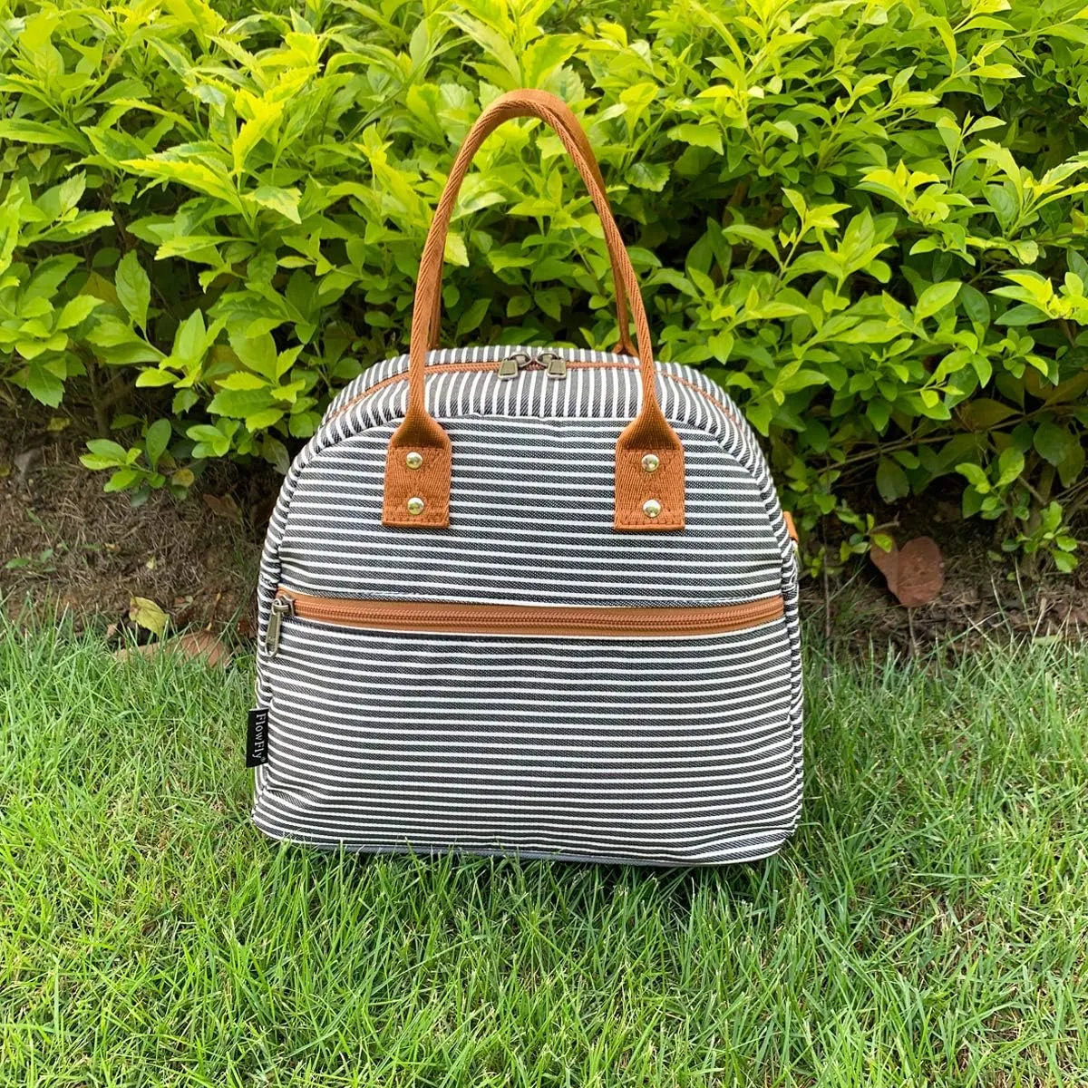 FlowFly Insulated Lunch Bag With Shoulder Strap for Women, Men, and Kids, Large and Reusable, Handle, Freezable Work and School Travel Tote and Meal Prep Organizer,White and Black Stripes
