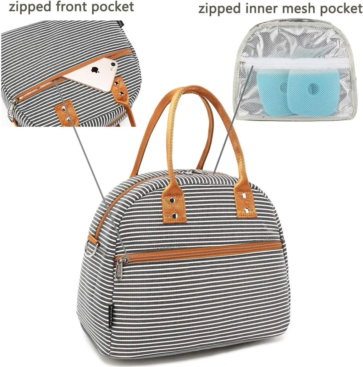FlowFly Insulated Lunch Bag With Shoulder Strap for Women, Men, and Kids, Large and Reusable, Handle, Freezable Work and School Travel Tote and Meal Prep Organizer,White and Black Stripes