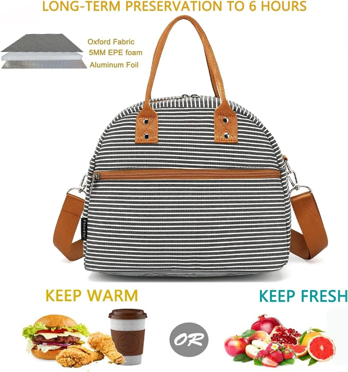 FlowFly Insulated Lunch Bag With Shoulder Strap for Women, Men, and Kids, Large and Reusable, Handle, Freezable Work and School Travel Tote and Meal Prep Organizer,White and Black Stripes