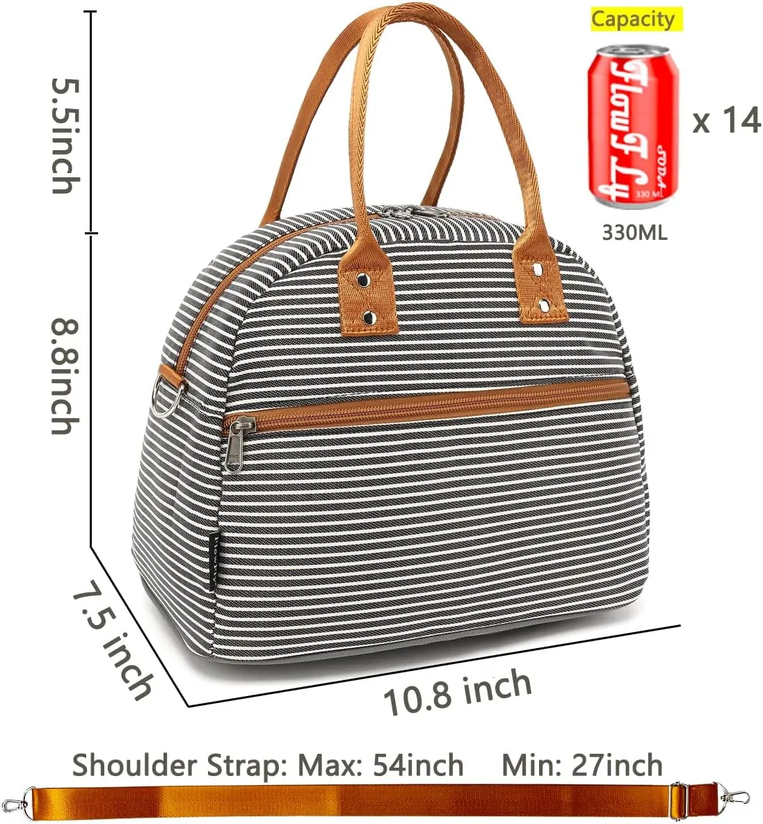 FlowFly Insulated Lunch Bag With Shoulder Strap for Women, Men, and Kids, Large and Reusable, Handle, Freezable Work and School Travel Tote and Meal Prep Organizer,White and Black Stripes
