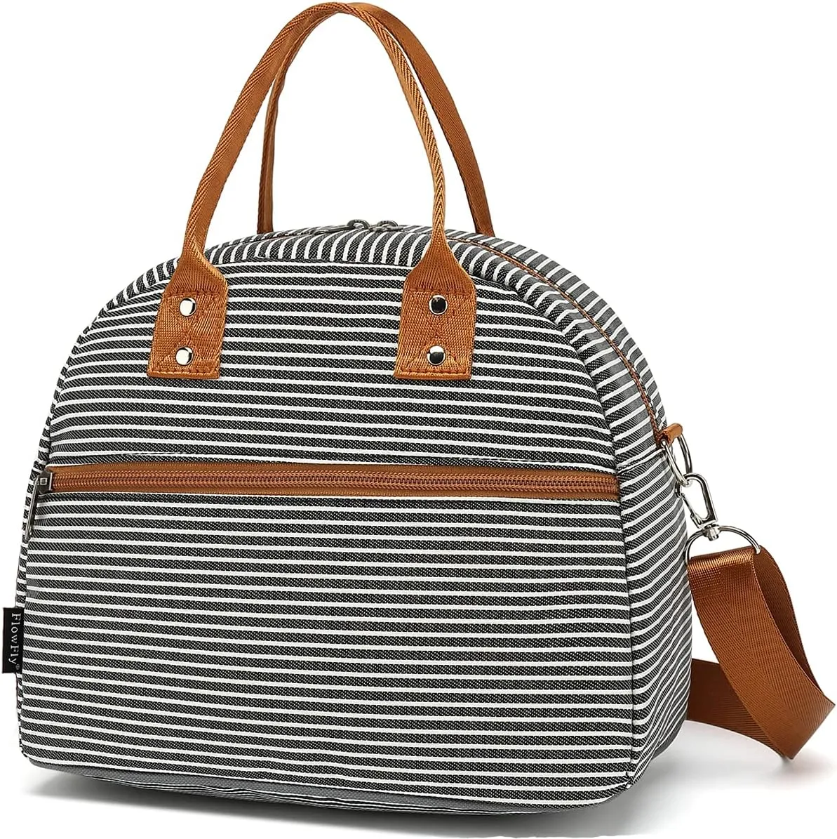 FlowFly Insulated Lunch Bag With Shoulder Strap for Women, Men, and Kids, Large and Reusable, Handle, Freezable Work and School Travel Tote and Meal Prep Organizer,White and Black Stripes