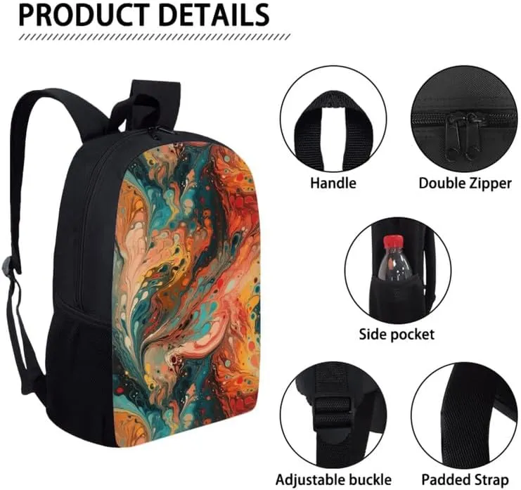 Fluid Painting Backpack for Kids, Gold Turquoise Marble Texture School Bag Kids Bookbag, Abstract Art 17 Inch School Bookbag and Lunch Bag Set Backpacks for Teens