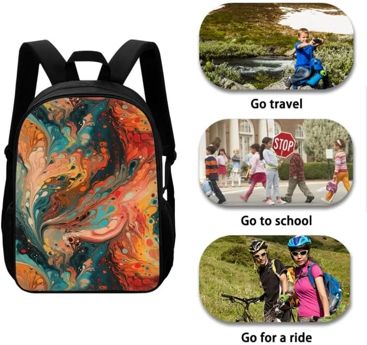 Fluid Painting Backpack for Kids, Gold Turquoise Marble Texture School Bag Kids Bookbag, Abstract Art 17 Inch School Bookbag and Lunch Bag Set Backpacks for Teens