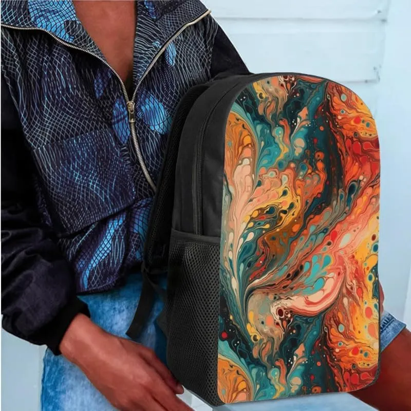 Fluid Painting Backpack for Kids, Gold Turquoise Marble Texture School Bag Kids Bookbag, Abstract Art 17 Inch School Bookbag and Lunch Bag Set Backpacks for Teens