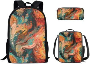 Fluid Painting Backpack for Kids, Gold Turquoise Marble Texture School Bag Kids Bookbag, Abstract Art 17 Inch School Bookbag and Lunch Bag Set Backpacks for Teens