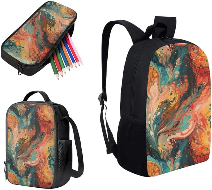 Fluid Painting Backpack for Kids, Gold Turquoise Marble Texture School Bag Kids Bookbag, Abstract Art 17 Inch School Bookbag and Lunch Bag Set Backpacks for Teens