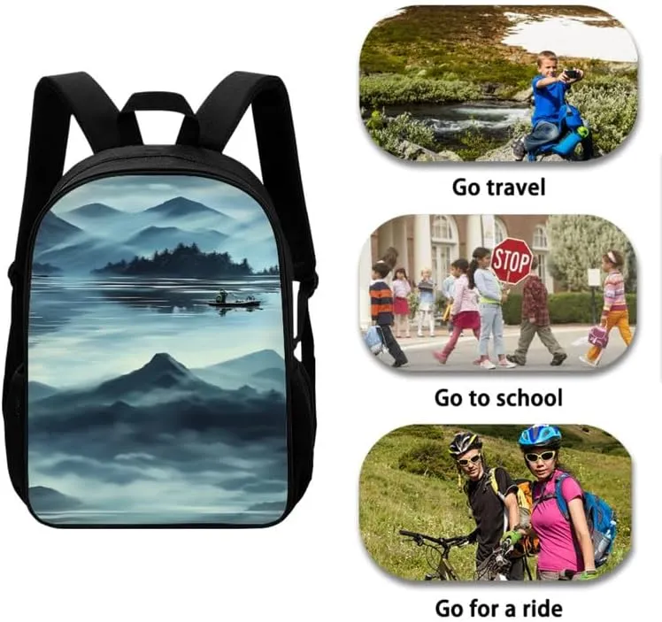 Fog Mountain Teens Backpack Bookbag for School Outdoor Activities, Chinese Landscape 17-inch Kids Backpack Set Lunch Box Pencil Bag, Chinoiserie Painting Travel Daypack