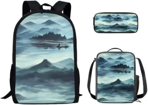 Fog Mountain Teens Backpack Bookbag for School Outdoor Activities, Chinese Landscape 17-inch Kids Backpack Set Lunch Box Pencil Bag, Chinoiserie Painting Travel Daypack
