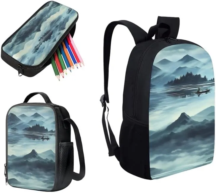 Fog Mountain Teens Backpack Bookbag for School Outdoor Activities, Chinese Landscape 17-inch Kids Backpack Set Lunch Box Pencil Bag, Chinoiserie Painting Travel Daypack