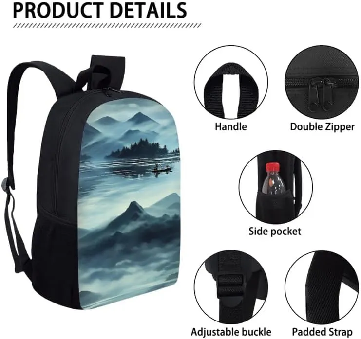 Fog Mountain Teens Backpack Bookbag for School Outdoor Activities, Chinese Landscape 17-inch Kids Backpack Set Lunch Box Pencil Bag, Chinoiserie Painting Travel Daypack