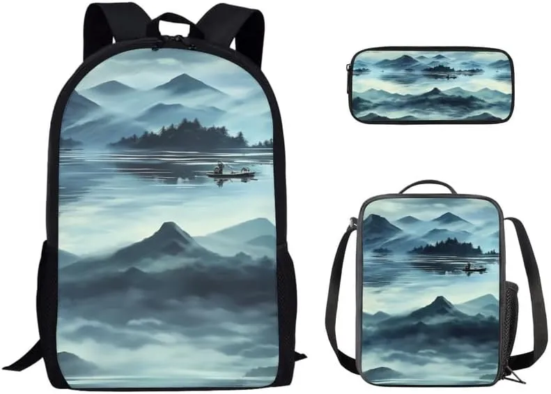 Fog Mountain Teens Backpack Bookbag for School Outdoor Activities, Chinese Landscape 17-inch Kids Backpack Set Lunch Box Pencil Bag, Chinoiserie Painting Travel Daypack