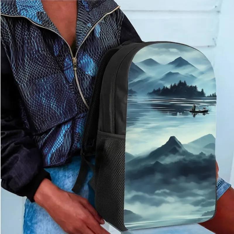 Fog Mountain Teens Backpack Bookbag for School Outdoor Activities, Chinese Landscape 17-inch Kids Backpack Set Lunch Box Pencil Bag, Chinoiserie Painting Travel Daypack