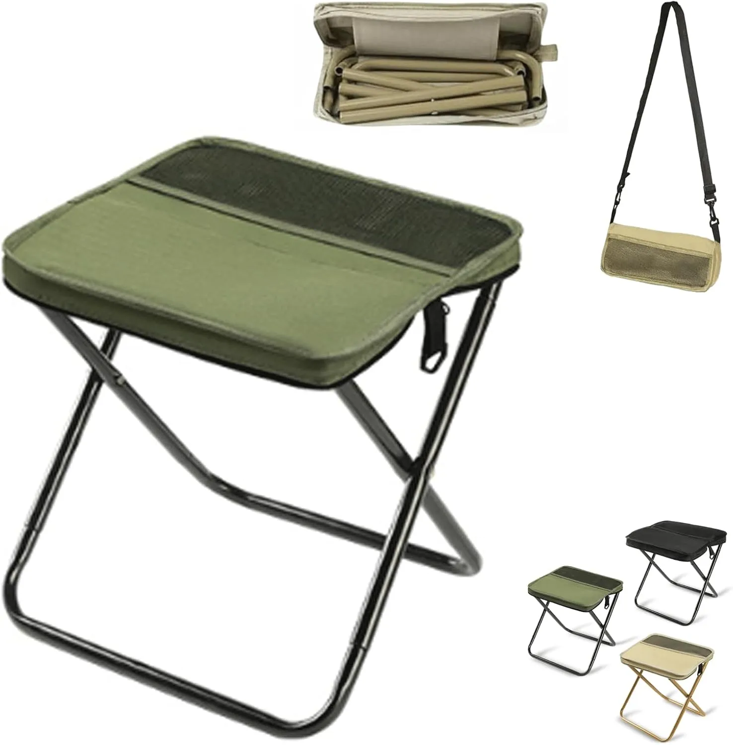 Foldable Backpack Stool, Mini Camping Collapsible Stool,Small Foldable Fishing Chair, Seat with Adjustable Shoulder Strap, for Camping, Fishing, Hiking, Picnics, Outdoor Barbecue (Green, Large)