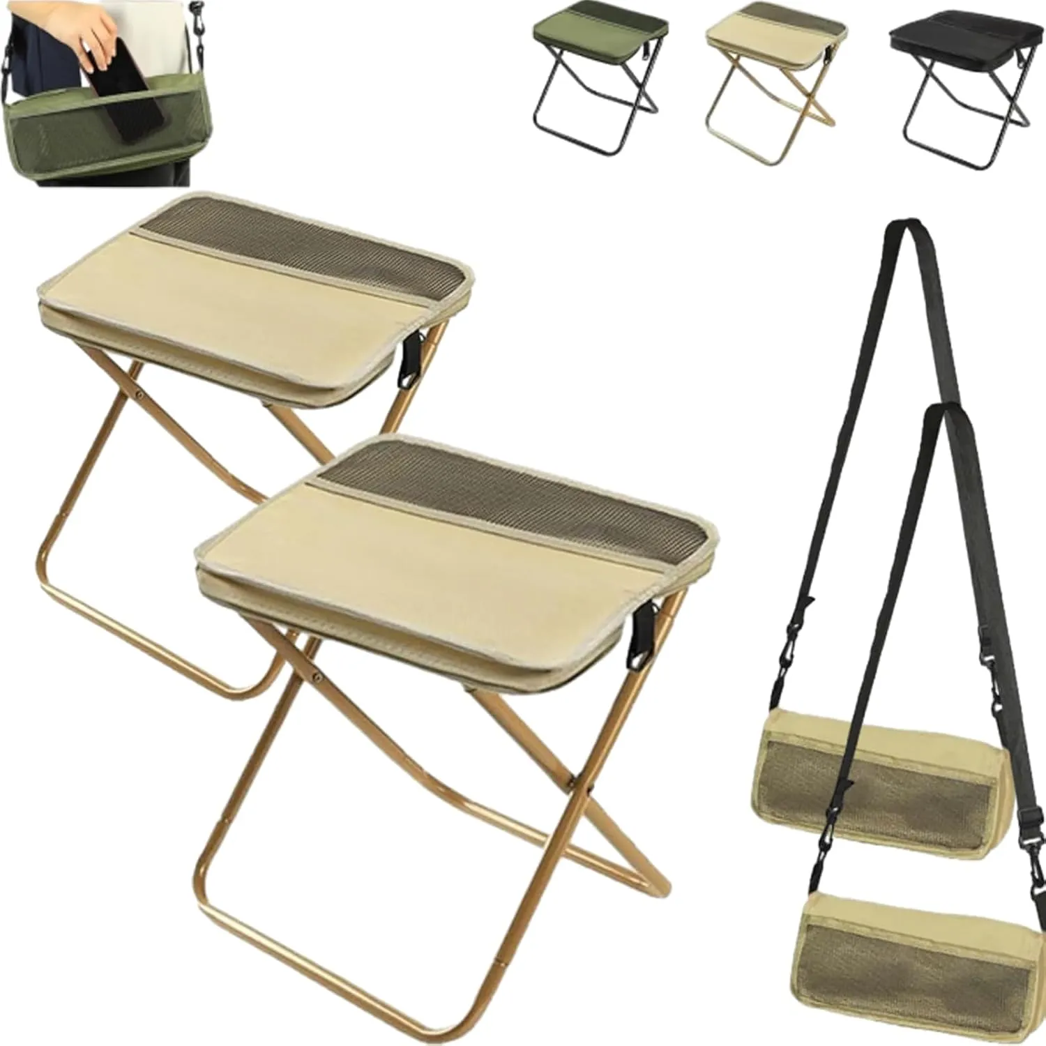 Foldable Backpack Stool, Portable Mini Outdoor Camping Folding Seat with Adjustable Shoulder Strap, Compact Ultra-Lightweight Collapsible Chair for Mountaineering, Hiking, Fishing (Beige-S L)
